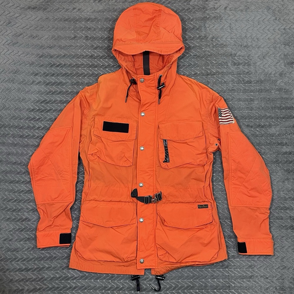 Vtg Polo Ralph Lauren Jacket Medium Utility Pockets Wind Rain Orange Tactical